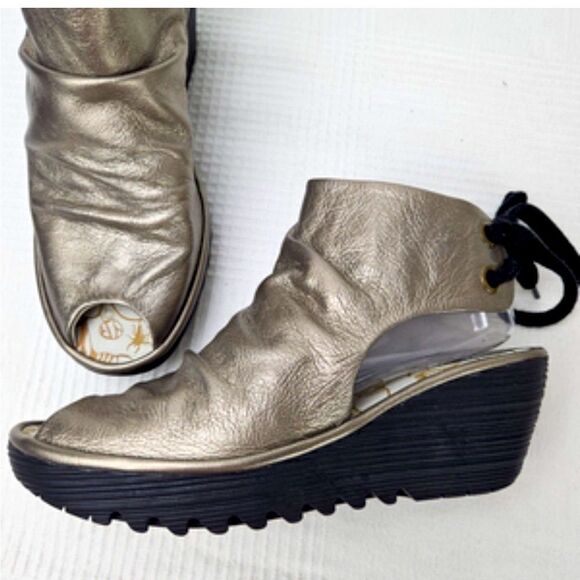 Fly London Yama Gold Metallic Ruched Leather Slingback Lace Up Chunky Wedges - Picture 1 of 12